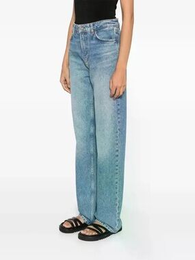 Reformation Jeans Wilder High Rise Wide Leg Cropped Jeans Whiskering Blue Sz 28